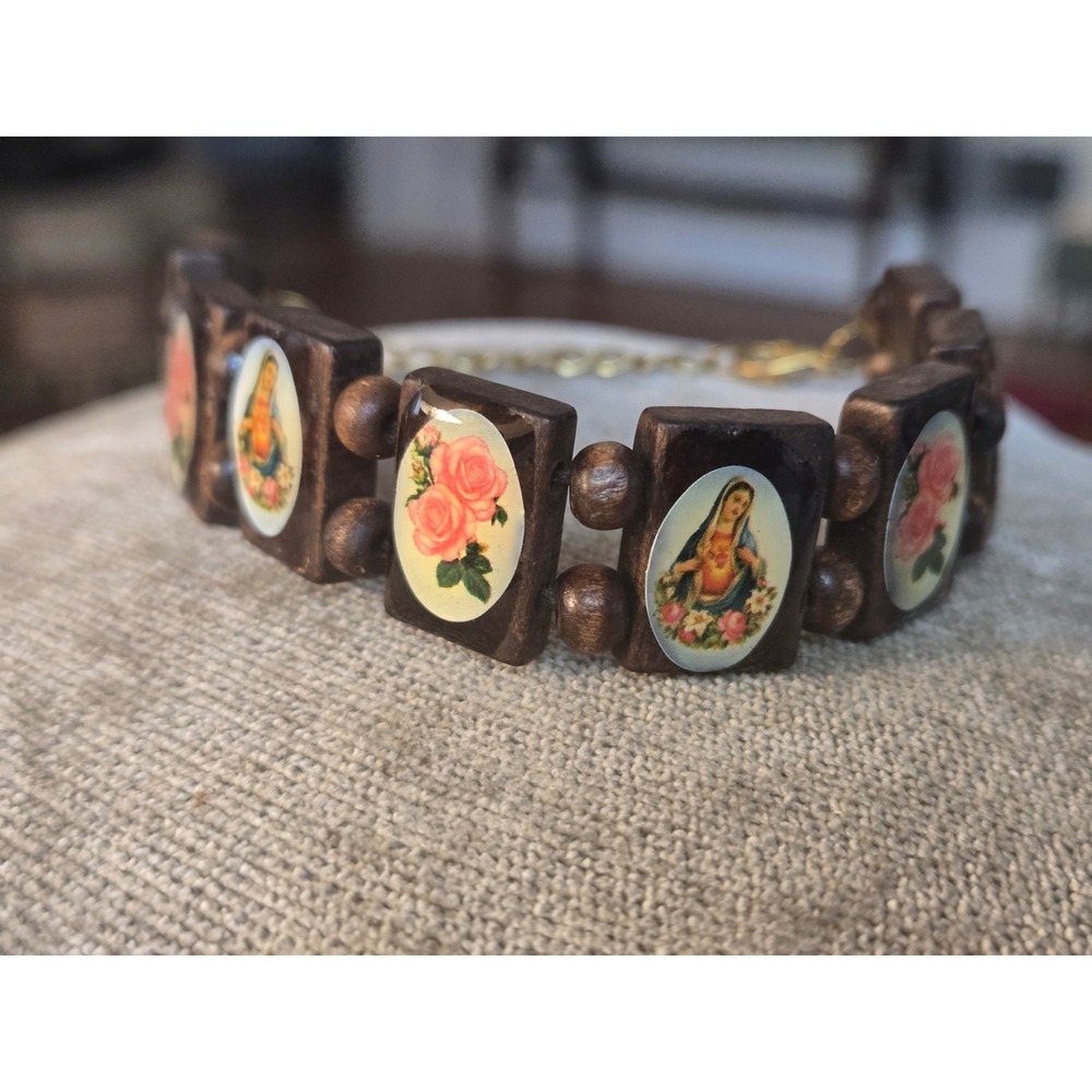 Wooden Devotional Bracelet Virgin Mary Vintage